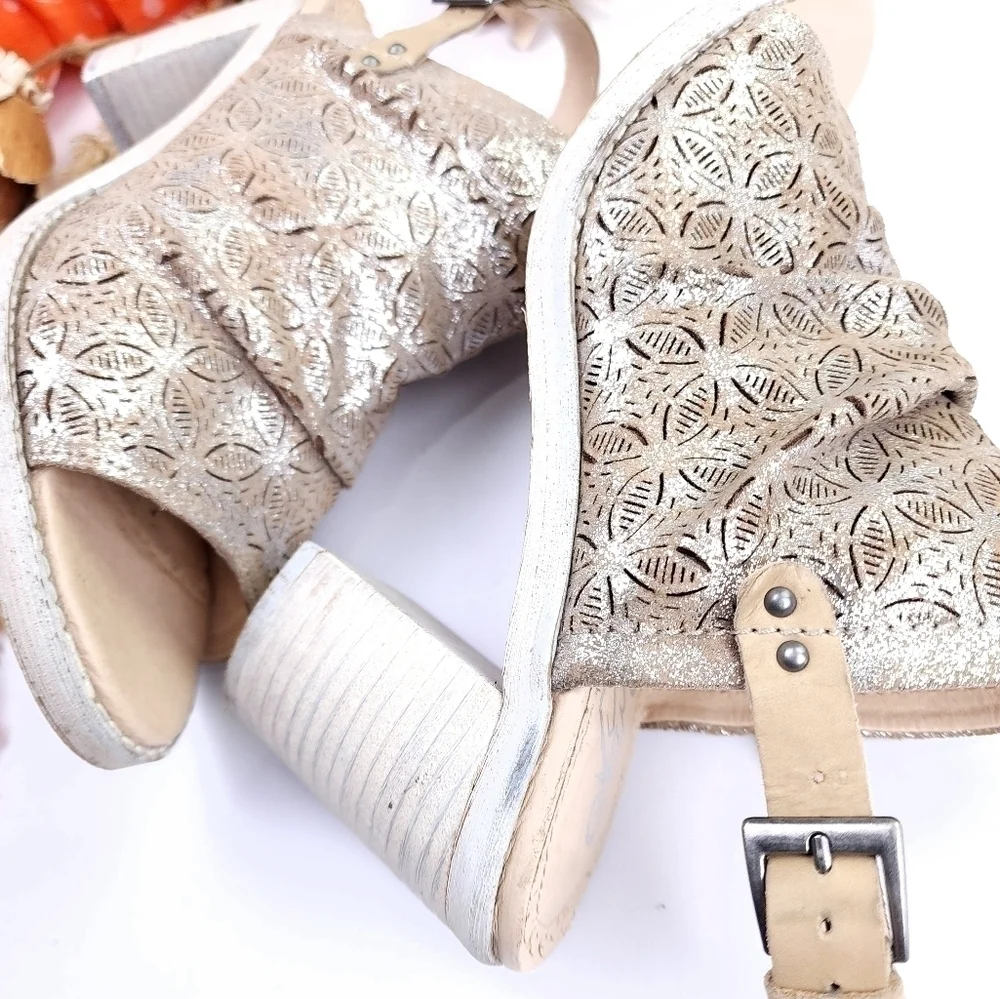 Naughty Monkey Gold Grey Distressed Thick Heeled Open Toe Sz 8.5 - Picture 6 of 13